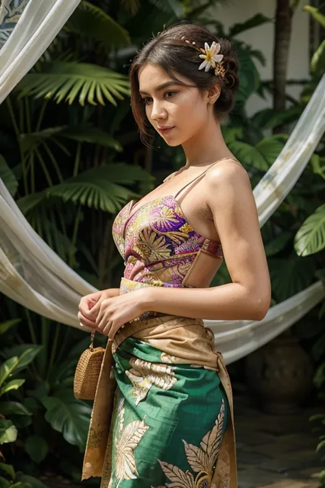 A graceful woman wearing an elegant kebaya made of vibrant batik fabric, adorned with intricate embroidery details. She pairs the kebaya with a sarong featuring a matching pattern, elegantly wrapped around her waist. Her hair is neatly styled in a bun, dec...