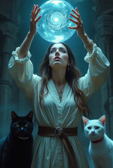 A magician with a crystal ball 🔮, full image ,The crystal ball has many worlds inside ,The witch around her has two cats ,one black and the other white ,which symbolizes light and darkness.