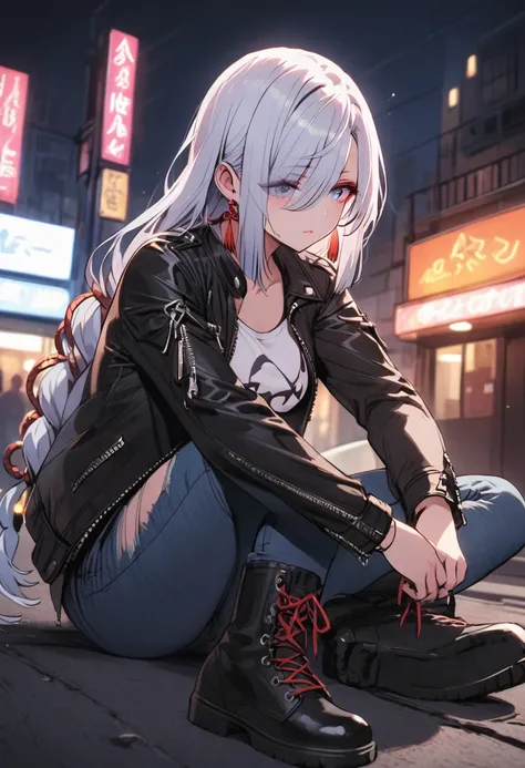 a punk rock girl, leather jacket, ripped jeans, combat boots, grungy, moody expression, cityscape background, neon lights, high contrast, vibrant colors, dramatic lighting, masterpiece, shenhe, blue eyes, braided ponytail, earrings, eyelashes, eyeliner, ey...