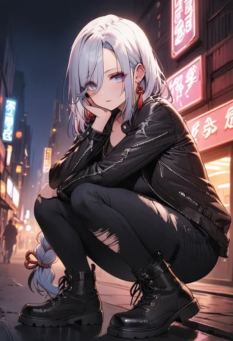 a punk rock girl, leather jacket, ripped jeans, combat boots, grungy, moody expression, cityscape background, neon lights, high contrast, vibrant colors, dramatic lighting, masterpiece, shenhe, blue eyes, braided ponytail, earrings, eyelashes, eyeliner, ey...