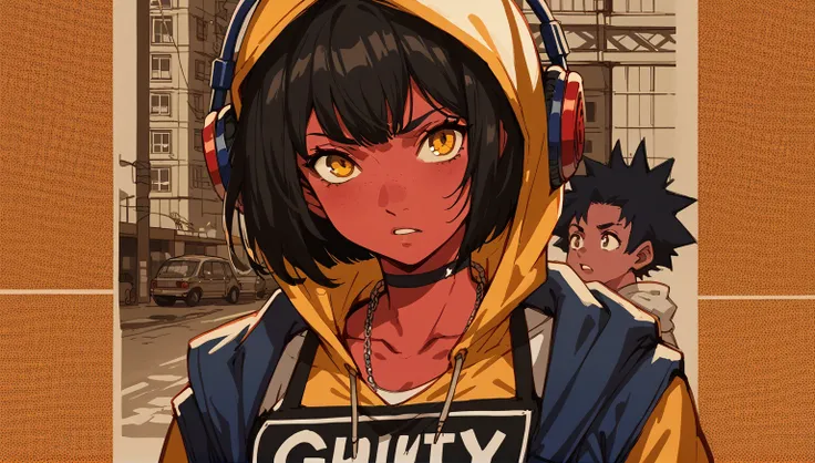 1 young woman, average and athletic build, average musculature, short black hair cut in a bob, amber eyes, red skin,hip hop streetwear clothing style,wireless blue headphones on the head, sketch 