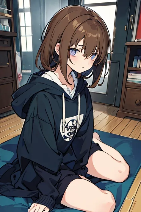 troubled, woman, sad, sitting on the floor, hoodie, hood, cel anime, dark colors, messy hair.darkroom, thinking about, lowered her eyes, beautiful profile,brownhair,フードを被っている,鬱