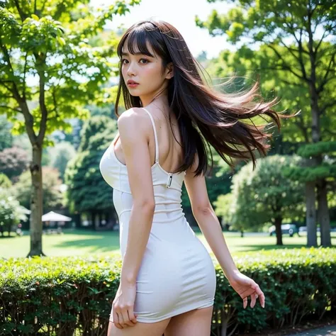 “A glamorous Japanese woman with shorter semi-long hair, wearing a revealing sleeveless dark-colored outfit. Her makeup is bold and dramatic, enhancing her striking appearance. She is standing confidently in a park, maintaining an upward gaze while tilting...