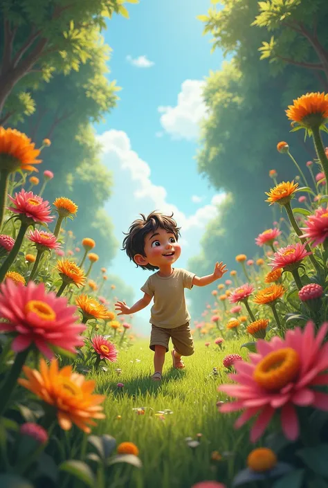 Create a picture, boy 5-,plays in a clearing among fantastically beautiful flowers