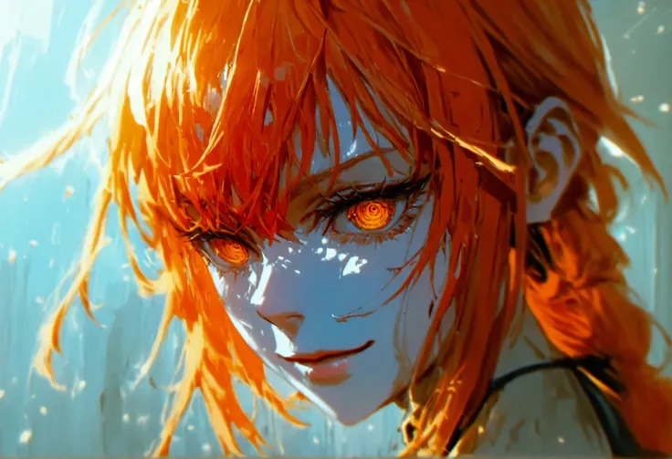 makima, orange hair, orange eyes, a torn dress shirt, and a tie, tight black panties, *looking with an evil smile*