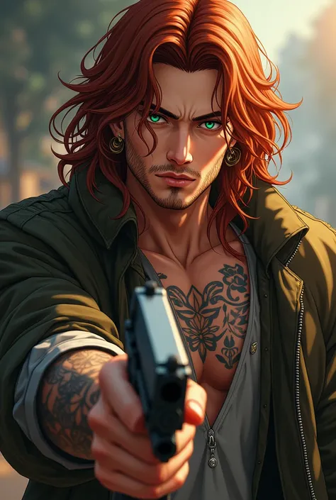 tall, handsome, muscular, tattooed adult male the half-breed of a Chinese and a European, charming, with perfect lips, green eyes and long wavy copper-red hair. dressed in a jacket on his naked body, earrings, with a gun in his hands, long wavy chocolate h...