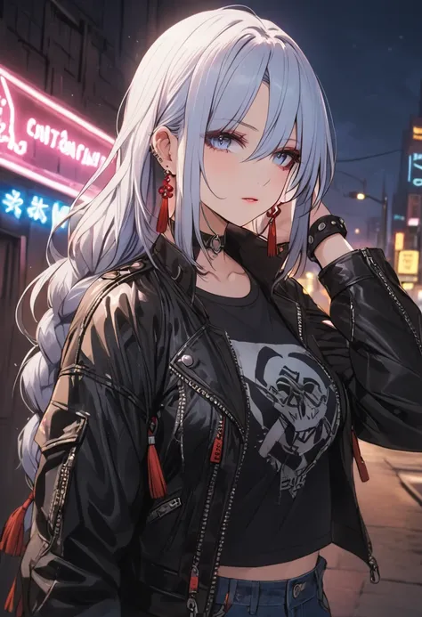 a punk rock girl, leather jacket, ripped jeans, combat boots, grungy, moody expression, cityscape background, neon lights, high contrast, vibrant colors, dramatic lighting, masterpiece, shenhe, blue eyes, braided ponytail, earrings, eyelashes, eyeliner, ey...