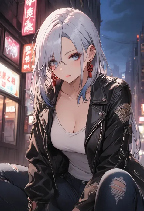 a punk rock girl, leather jacket, ripped jeans, combat boots, grungy, moody expression, cityscape background, neon lights, high ...