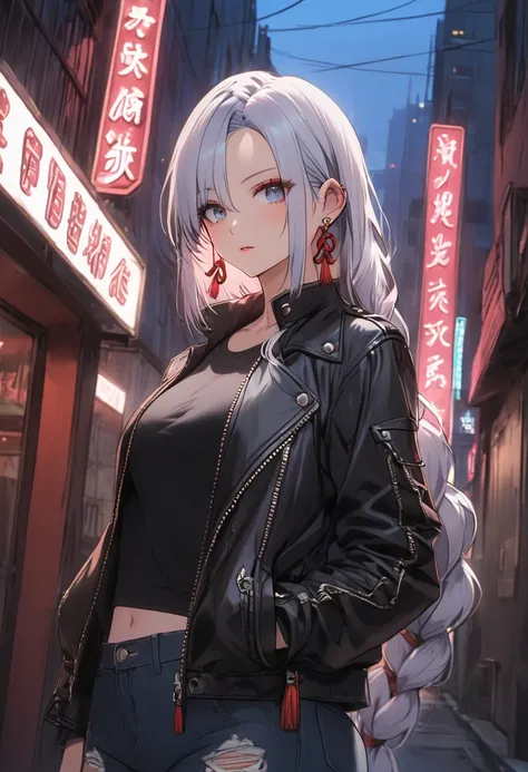 a punk rock girl, leather jacket, ripped jeans, combat boots, grungy, moody expression, cityscape background, neon lights, high ...