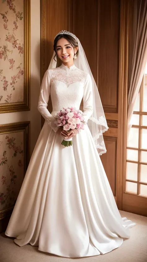 A radiant Muslim bride stands gracefully, her beauty accentuated by an elegant white wedding dress that flows to the floor. The dress features delicate lace detailing and modest long sleeves, perfectly complementing her gentle demeanor. Her hijab, crafted ...