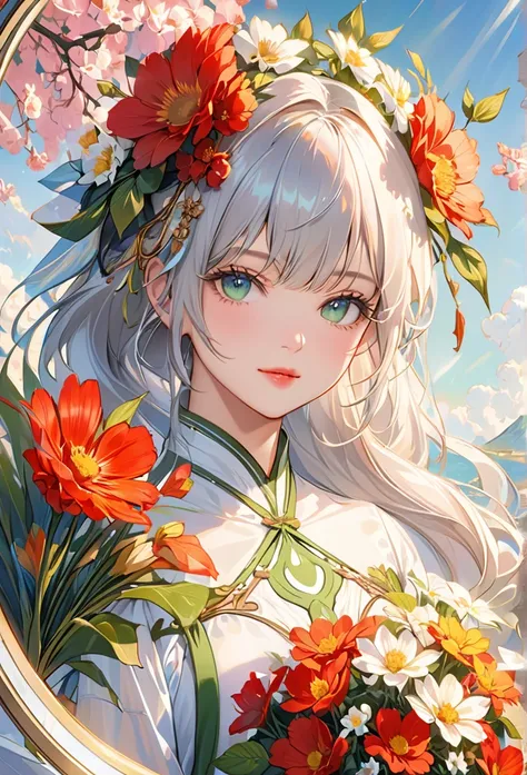 (masterpiece, ultra quality, official art, beautiful and aesthetic:1.3), (1lady), solo, (long shot:1.4), (background like decorative and artistic tarotcard:1.3), anatomically correct, absurdres, (beautiful face:1.3), (well-defined facial features, perfectl...