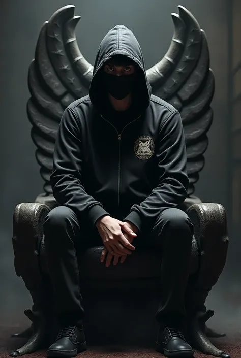 Man wearing a mask, huddy jacket that is black with an owl logo, sitting infront, the chair is like an owl figure