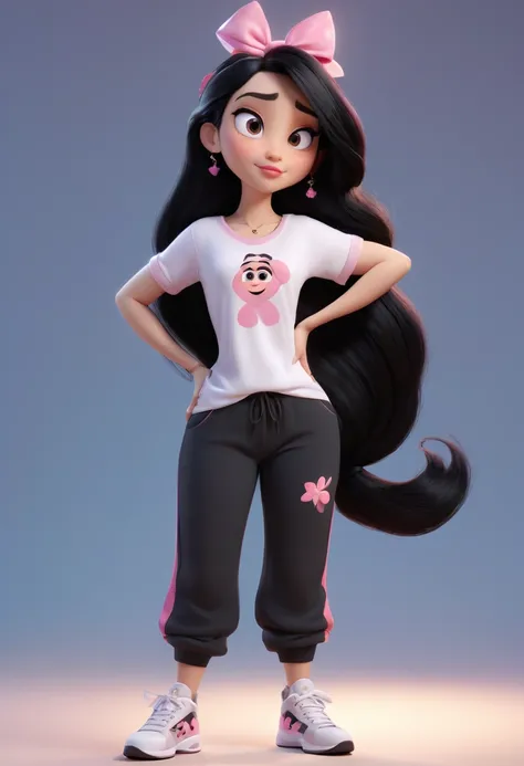 cartoon character , Woman 3, long black hair, black eyes, thick lips, tiffany pants, blusa pink, black sneakers, with a gift in hand, Animation character, Stylized character, animation style rendering, Stylized 3D, Stylized 3D rendering, toon render keysho...