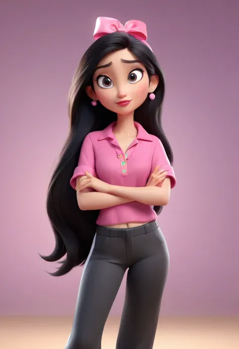 cartoon character , Woman 3, long black hair, black eyes, thick lips, tiffany pants, blusa pink, black sneakers, with a gift in hand, Animation character, Stylized character, animation style rendering, Stylized 3D, Stylized 3D rendering, toon render keysho...