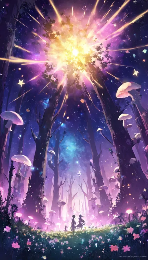 imagine prompt: Viral anime nature wallpaper in 4K quality, in the style of digital illustration inspired by Yoshitaka Amano, showing a mystical forest with giant mushrooms, bioluminescent plants, and ethereal creatures wandering around; cool and mystical ...