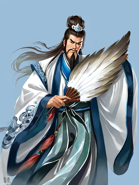 Wind blowing effect、Digital illustration, ancient chinese scholar style, Traditional Costume, Embroidered Robe Beastman,  Zhuge Kongming style,  , White and blue palette, gesture, Serious expression, Attention to detail, Historical figures, Standing pose, ...