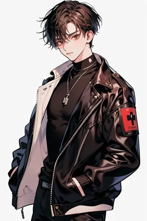 (masterpiece, best quality), 1 man, anime guy, gradient colouring, turned straight to the viewer, standing still, short brown hair, brown eyes, white T-shirt, black leather bomber jacket, hands in pockets, handsome, looking at the viewer, white background,...