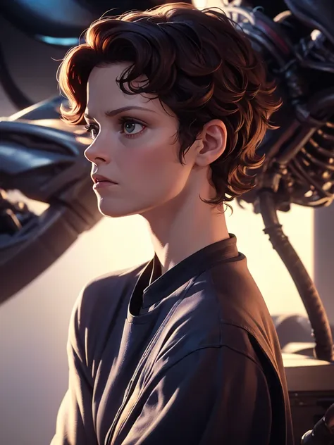 alien vs sigourney weaver
 , (soft focus ,  shallow focus , dim light )