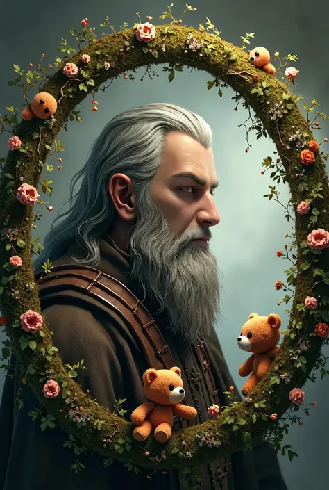 Create a realistic portrait of the fictional character Halsin from Baldur&#39;s Gate 3 in profile and with a round background like a circular frame around this nature and small teddy bears 