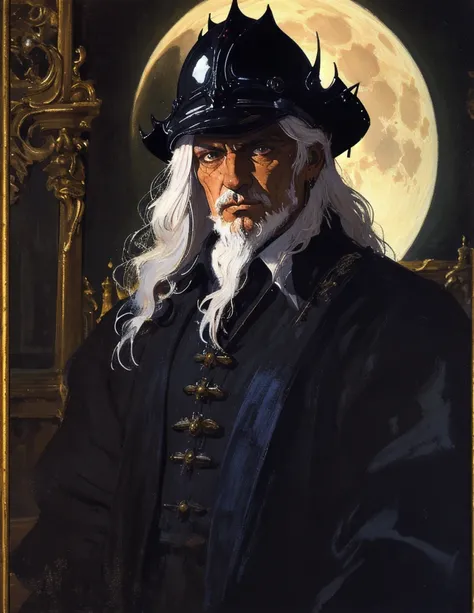 (best lighting) (best quality, masterpiece:1.2), (absurdres), 4k, (detailed eyes), (detailed face), a grizzled medieval knight wearing obsidian armour, long white hair flowing from under his helmet stands in front of a towering gothic castle, illuminated b...