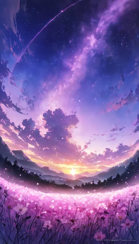 /imagine prompt: Viral anime nature wallpaper in 4K quality, in the style of photography with a 35mm lens inspired by Mamoru Hosoda, capturing a tranquil mountain meadow at dawn, the sky a gradient of pink and purple, and a gentle mist rising from the grou...