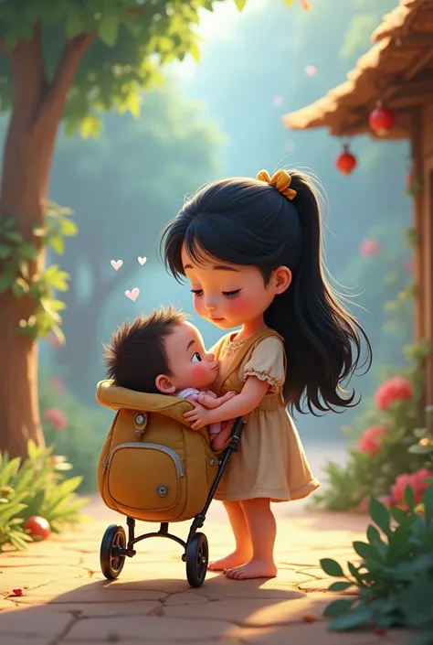 Raising a white, dark-haired child carrying a wheeled backpack with a baby inside, Disney style 