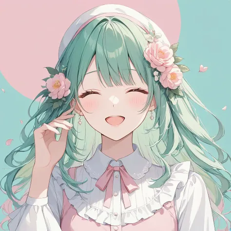 one woman,pastel colors,green hair,wink,a touching scene