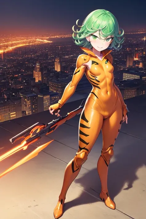 Masterpiece, best quality, ultra detailed, illustration, lighting epic, cinematic composition, 1 girl, Tatsumaki, short hair, green hair, very small breasts, green eyes, bright eyes, evil smile, blushing, closed mouth, piercing gaze, full body, gremlin, br...