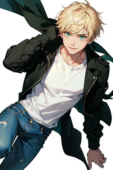 1、((white background))、whole body、asymmetrical short hair、blonde、green eyes、black jacket、white t-shirt、smile、jeans