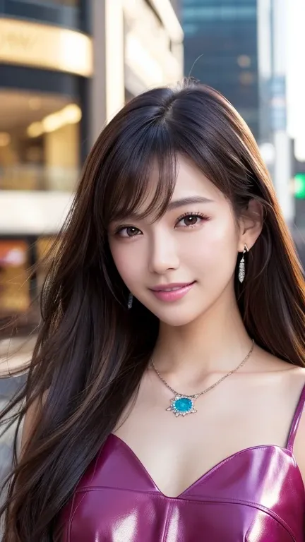 Sexy Japanese Model, 美しいsmile, Lip gloss, Dramatic Makeup, Close-up photo, (Large sparkly necklace), (big shiny bracelet), Daytime scene, big shopping mall background, Improve, (Fuchsia highlights), Long, flowing black hair, ((Business style dark fuchsia l...