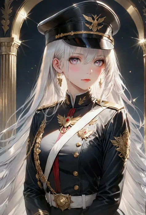 Long smooth straight white hair,white eyes,standing in military uniform. masterpiece, super detail, best quality, 8k,realistic