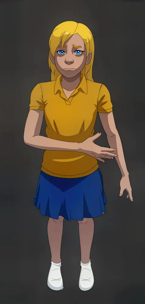 A white child girl, wearing a yellow shirt, and a blue skirt, with blond hair, with an expression of sadness (SUSIE FROM FNAF BAGGITON)