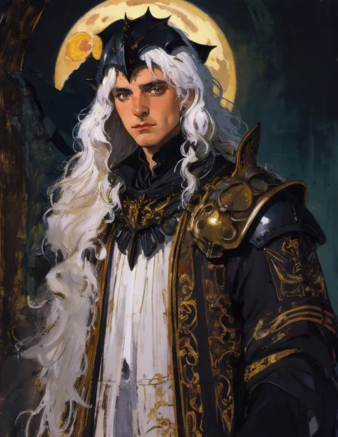 (best lighting) (best quality, masterpiece:1.2), (absurdres), 4k, (detailed eyes), (detailed face), a young but grizzled medieval knight whos missing one eye and wearing obsidian armour, long white hair flowing from under his helmet stands in front of a to...