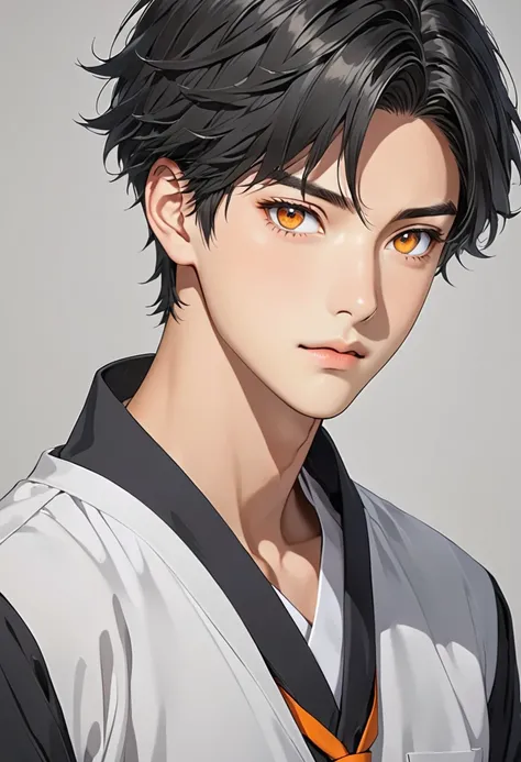 A handsome anime boy, he has black short hair with korean model hair and orange eyes, wearing school uniform and gray background.