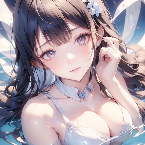 high resolution, （blue long hair：1.1）, night pool、white bikini、pretty princess、outstanding style、detailed heart symbol on chest、...