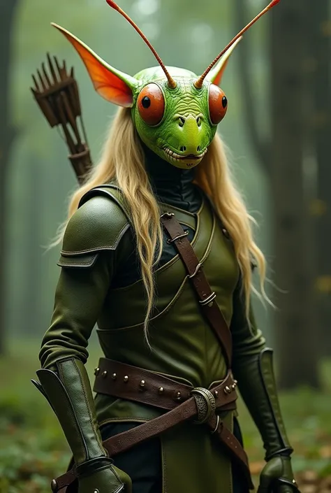 Legolas, the renowned elf from the epic tale "Lord of the Rings," undergoing an unexpected transformation. Instead of the graceful, pointed ears and flowing blond hair, his head is replaced with a vividly realistic grasshopper. The grasshoppers eyes, large...