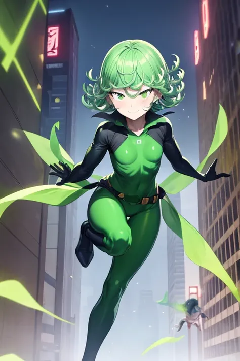 Masterpiece, best quality, ultra detailed, illustration, lighting epic, cinematic composition, 1 girl, Tatsumaki, short hair, green hair, very small breasts, green eyes, bright eyes, smiling, blushing, closed mouth, piercing gaze, full body, black collar, ...