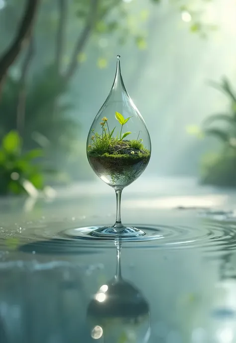 A drop of water is dripping onto an empty floor with nature inside the dripping water.