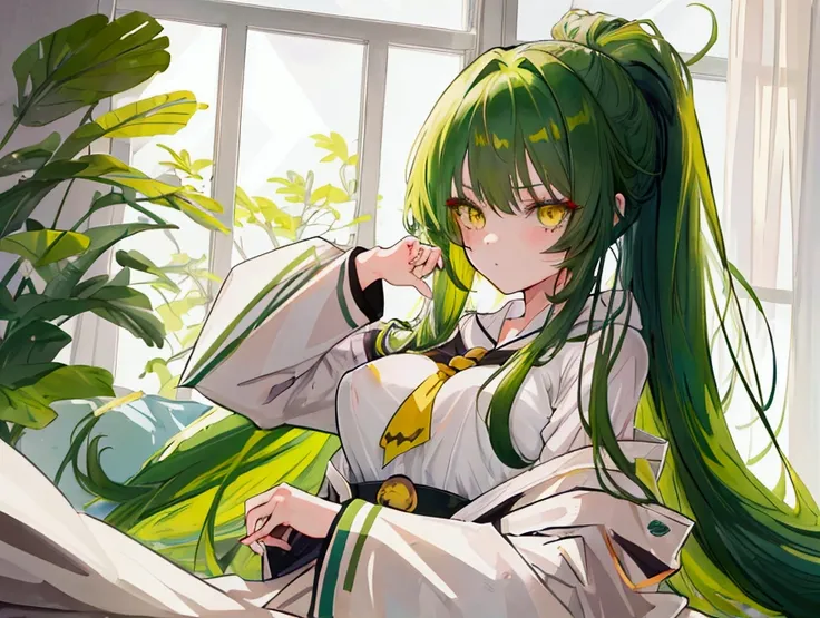 a girl with long dark green hair, yellow eyes,hair behind ear, anime, anime style, UHD, masterpiece, accurate, anatomically correct, super detail, high quality, high details, award winning, highres, best quality, 8k,cute，Bangs，Just woke up，Lazy,C cup