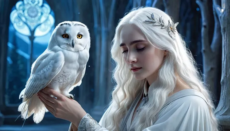 This image depicts a serene, ethereal scene featuring a delicate figure touching a complete white owl from harry potter. The character seems otherworldly, with pale and long skin, flowing white hair adorned with intricate, Shiny accessories. The scenery se...