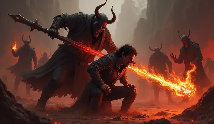 A killer in the hell is brutally giving punishment to a bed boy with lava sword grabbing his head by the hairs and cutting his head by the lava swird in hell and other same behind him