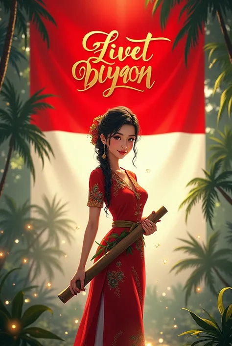 An anime-style medium shot of a beautiful woman wearing a white traditional Indonesian kebaya. She holds a sharpened bamboo and stands in front of a large red and white flag with the text "Indonesia" in elegant gold and black letters, emitting a charming, ...