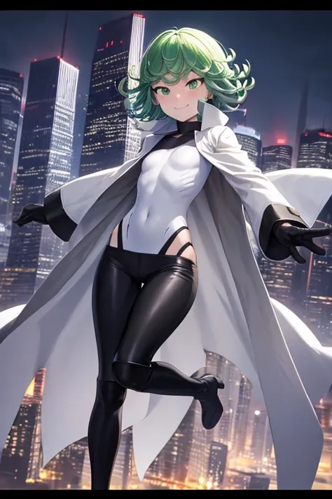 Masterpiece, best quality, ultra detailed, illustration, lighting epic, cinematic composition, 1 girl, Tatsumaki, short hair, green hair, very small breasts, green eyes, bright eyes, smiling, blushing, closed mouth, piercing gaze, full body, long beige tre...