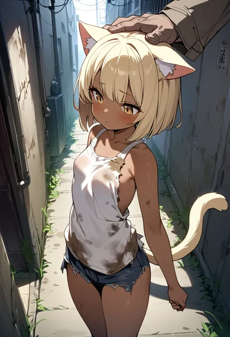 masterpiece、4k、young girl、very cute、short、small breasts、beige hair、brown skin、bobcut、cat ears and tail、back alley、dirty clothes、...