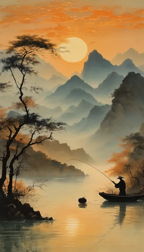 A silhouette of an angler casting their line into the water at sunset, with mountains in the background and calm waters reflecting orange hues, The scene is depicted in the style of Chinese artist Zhang Daqian