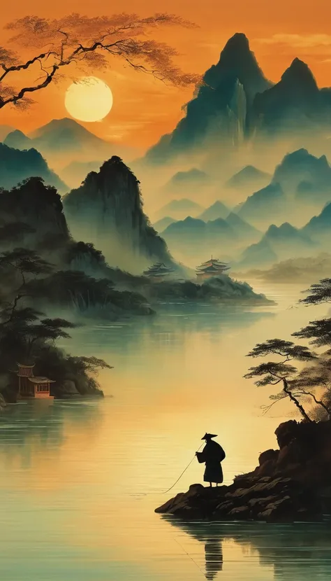 A silhouette of an angler casting their line into the water at sunset, with mountains in the background and calm waters reflecting orange hues, The scene is depicted in the style of Chinese artist Zhang Daqian