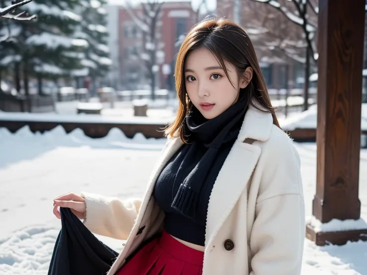 ((Best Quality)), ((masterpiece)), (detailed), (((Skin with visible pores))), (a Japanese beautiful woman, 150cm plump 60kg), (wearing tight pea coat, mini skirt and scarf), (unbutton:1.1), (snow situation),