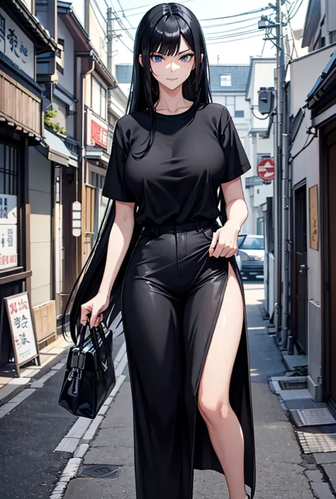 Black Haired Woman , Long, sleek hairstyle  , Blue eyes , Wear a comfortable black and white t-shirt.  , Big Breasts , Located in a residential area in Japan , Sly smile , Have adult charm , Leaning against something