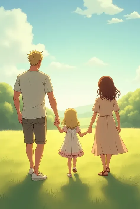 Three people walking in the field holding hands Person 1: man, blonde, Average height, White, of t-shirt, bermuda, and Person 2 sneakers: Child, , long hair, blonde, in a dress and slippers on her feet Person 3: adolescent, woman, short brown hair, in a dr...