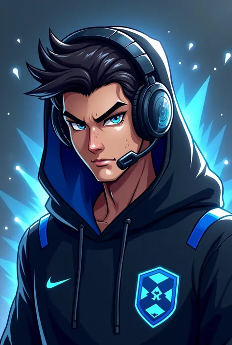 "Create a logo featuring a male character wearing a black hoodie with Brazilian team insignia. The hoodie has blue accents along the edges. The man has light skin, with a few visible pimples on his face, and he is wearing a gaming headset. His expression i...